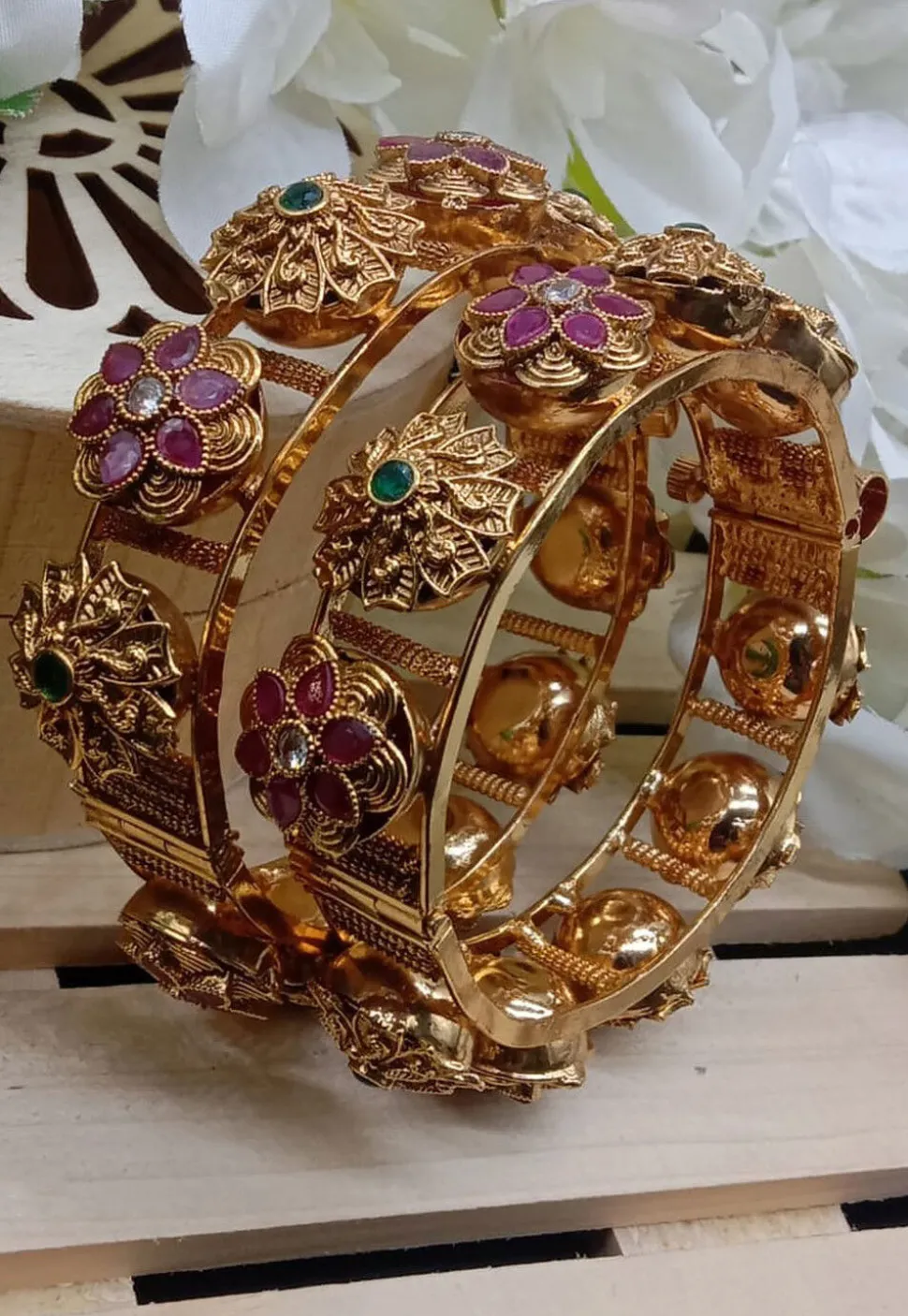Golden Polished Stone Studded Openable Bangle Pair
