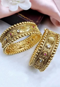 Golden Polished Stone Studded Openable Bangle Pair