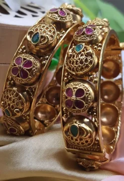 Golden Polished Stone Studded Openable Bangle Pair