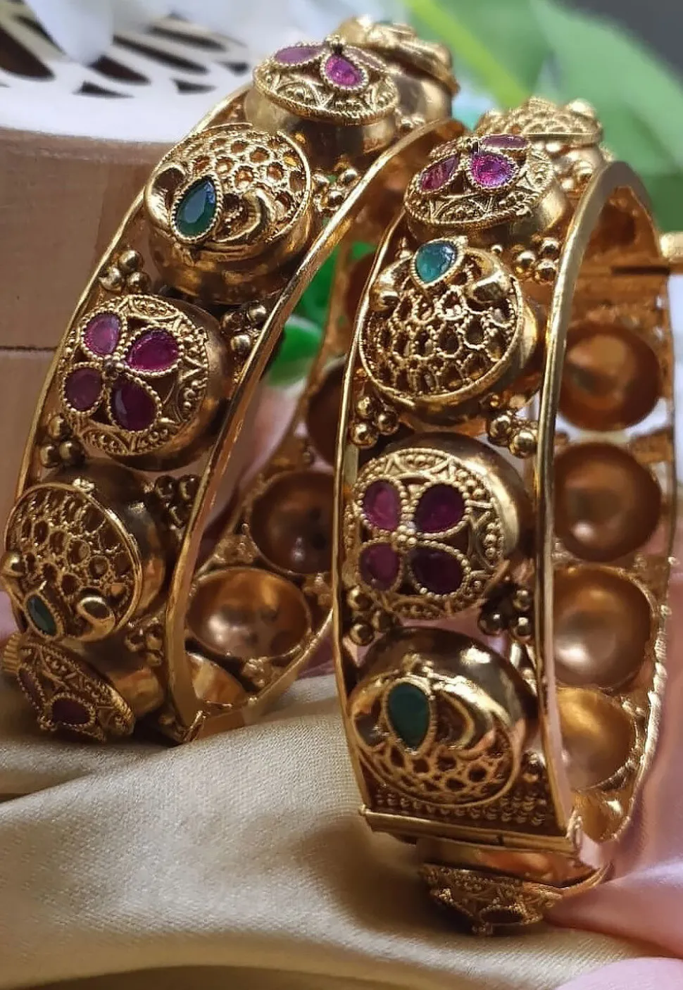 Golden Polished Stone Studded Openable Bangle Pair