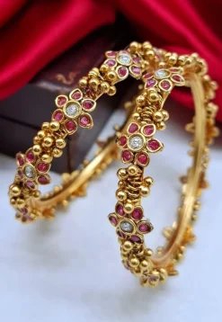 Golden Polished Stone Studded Bangle Pair