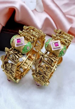 Golden Polished Stone Studded Openable Bangle Pair