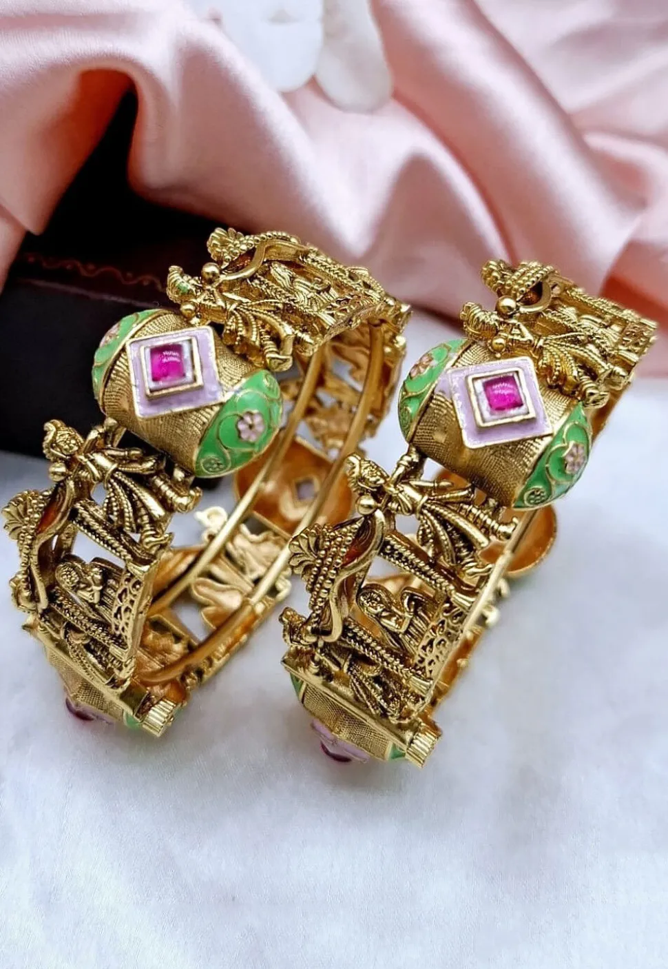 Golden Polished Stone Studded Openable Bangle Pair