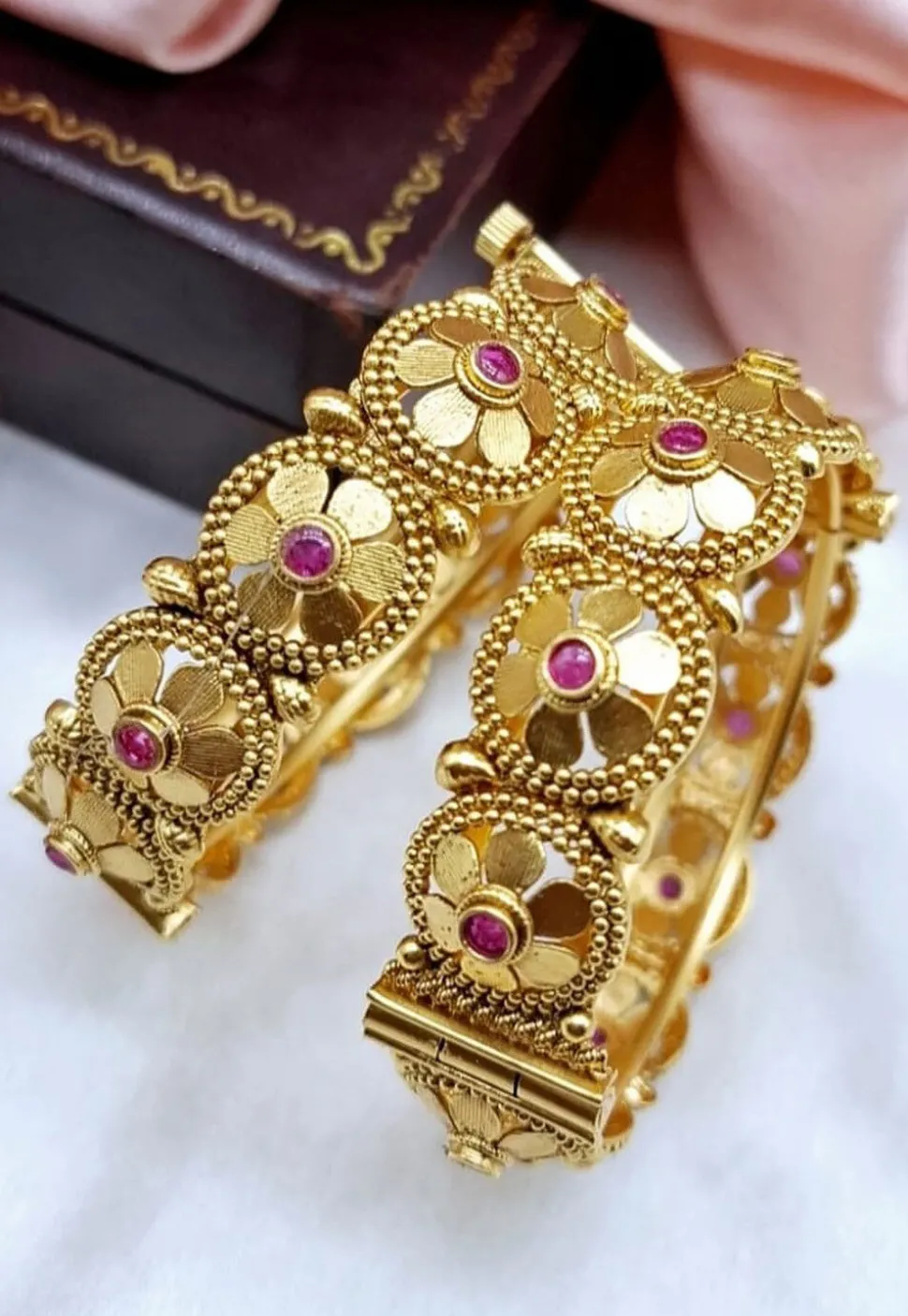 Golden Polished Stone Studded Openable Bangle Pair