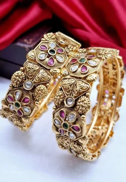Golden Polished Stone Studded Openable Bangle Pair
