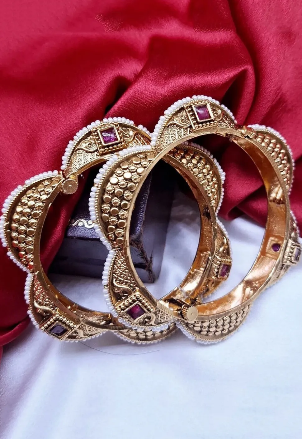 Golden Polished Stone Studded Openable Bangle Pair