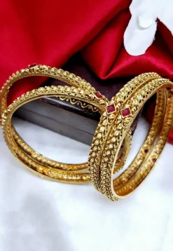 Golden Polished Stone Studded Bangle Set