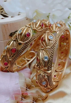 Golden Polished Stone Studded Openable Bangle Pair