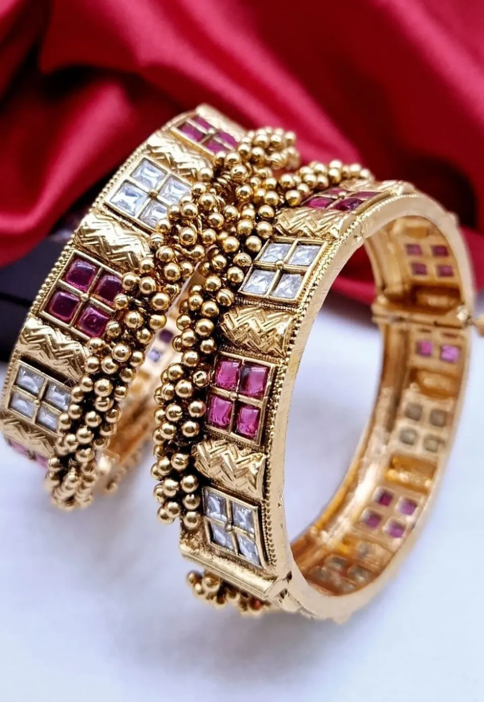 Golden Polished Stone Studded Openable Bangle Pair