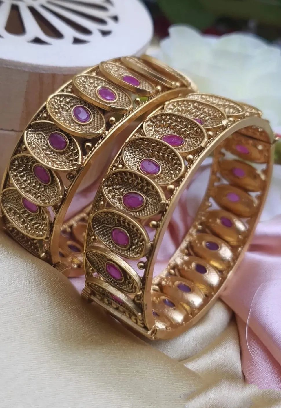Golden Polished Stone Studded Openable Bangle Pair