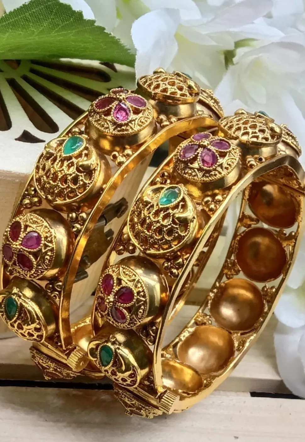 Golden Polished Stone Studded Openable Bangle Pair