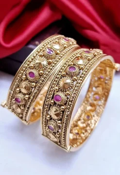Golden Polished Stone Studded Openable Bangle Pair