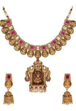 Golden Polished Stone Studded Temple Necklace