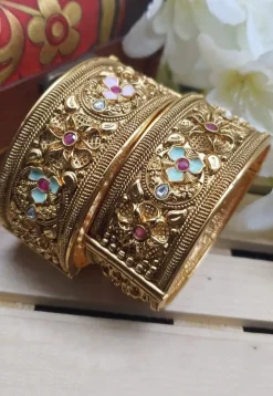 Golden Polished Stone Studded Openable Bangle Pair