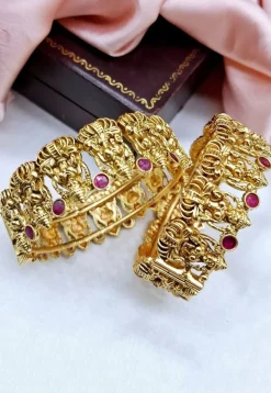 Golden Polished Stone Studded Openable Bangle Pair