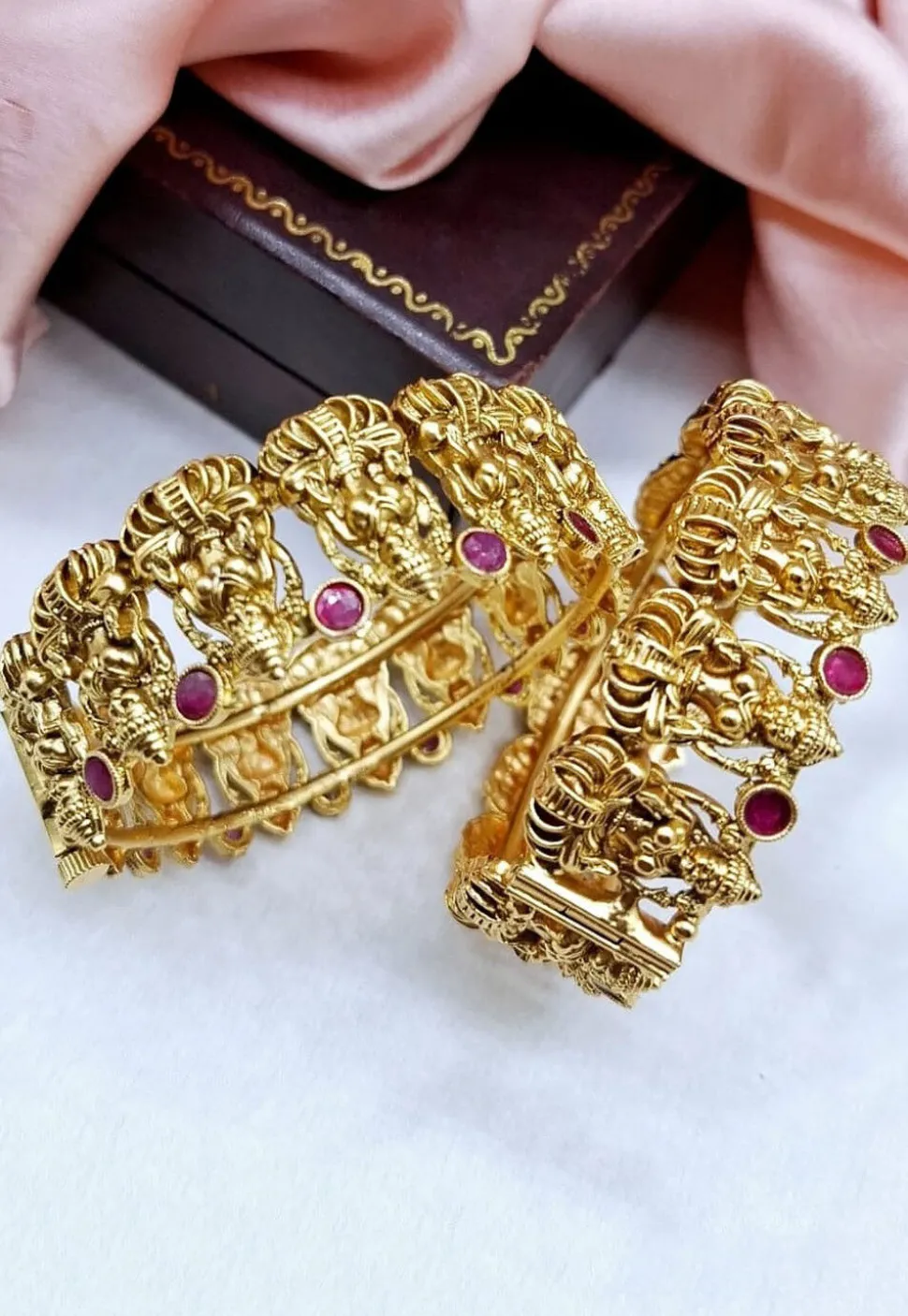 Golden Polished Stone Studded Openable Bangle Pair