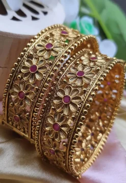Golden Polished Stone Studded Openable Bangle Pair