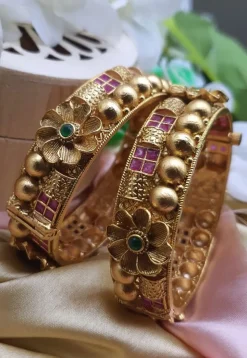 Golden Polished Stone Studded Openable Bangle Pair