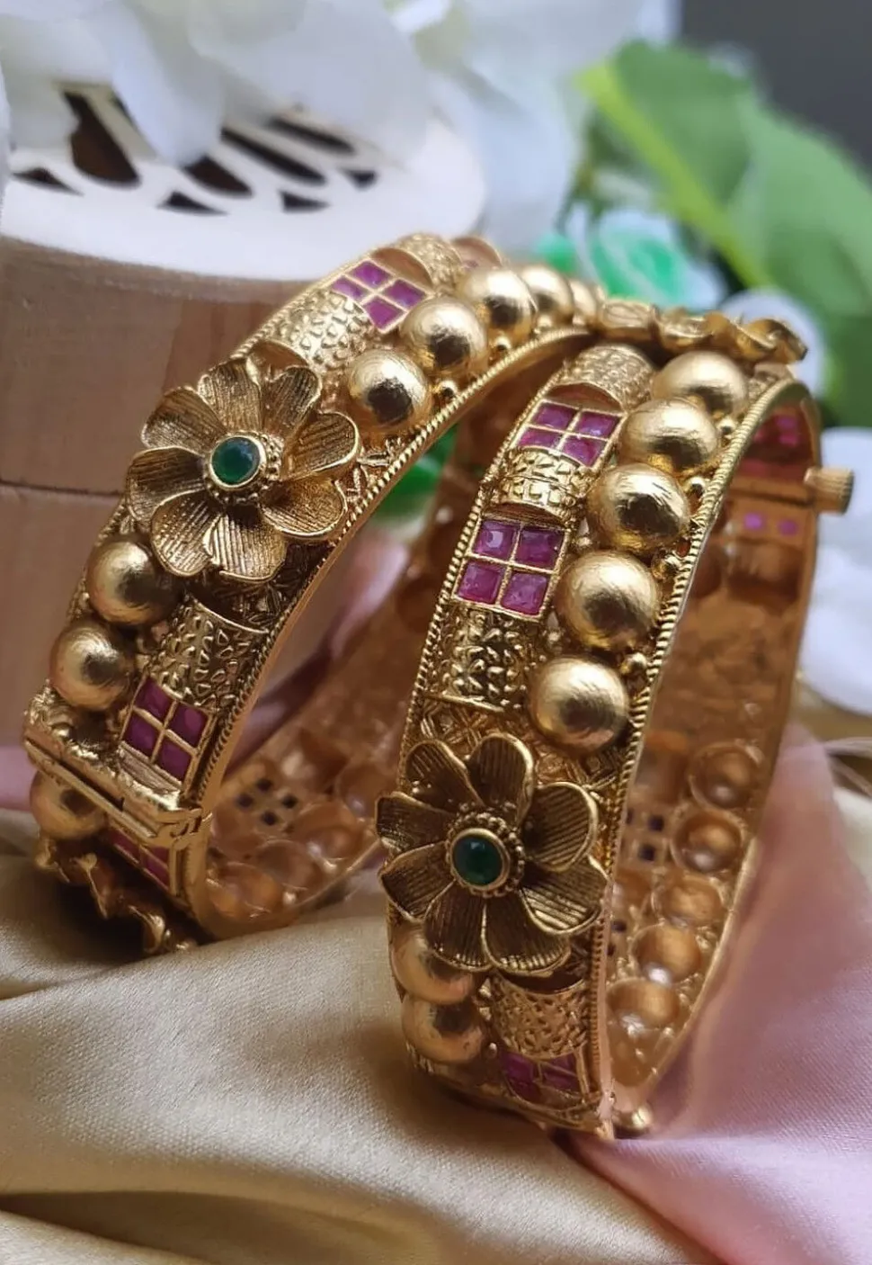 Golden Polished Stone Studded Openable Bangle Pair