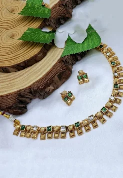 Golden Polished Stone Studded Necklace Set