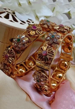Golden Polished Stone Studded Openable Bangle Pair