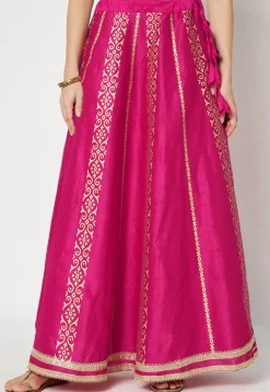 Golden Printed Art Dupion Silk Skirt in Fuchsia