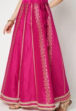 Golden Printed Art Dupion Silk Skirt in Fuchsia