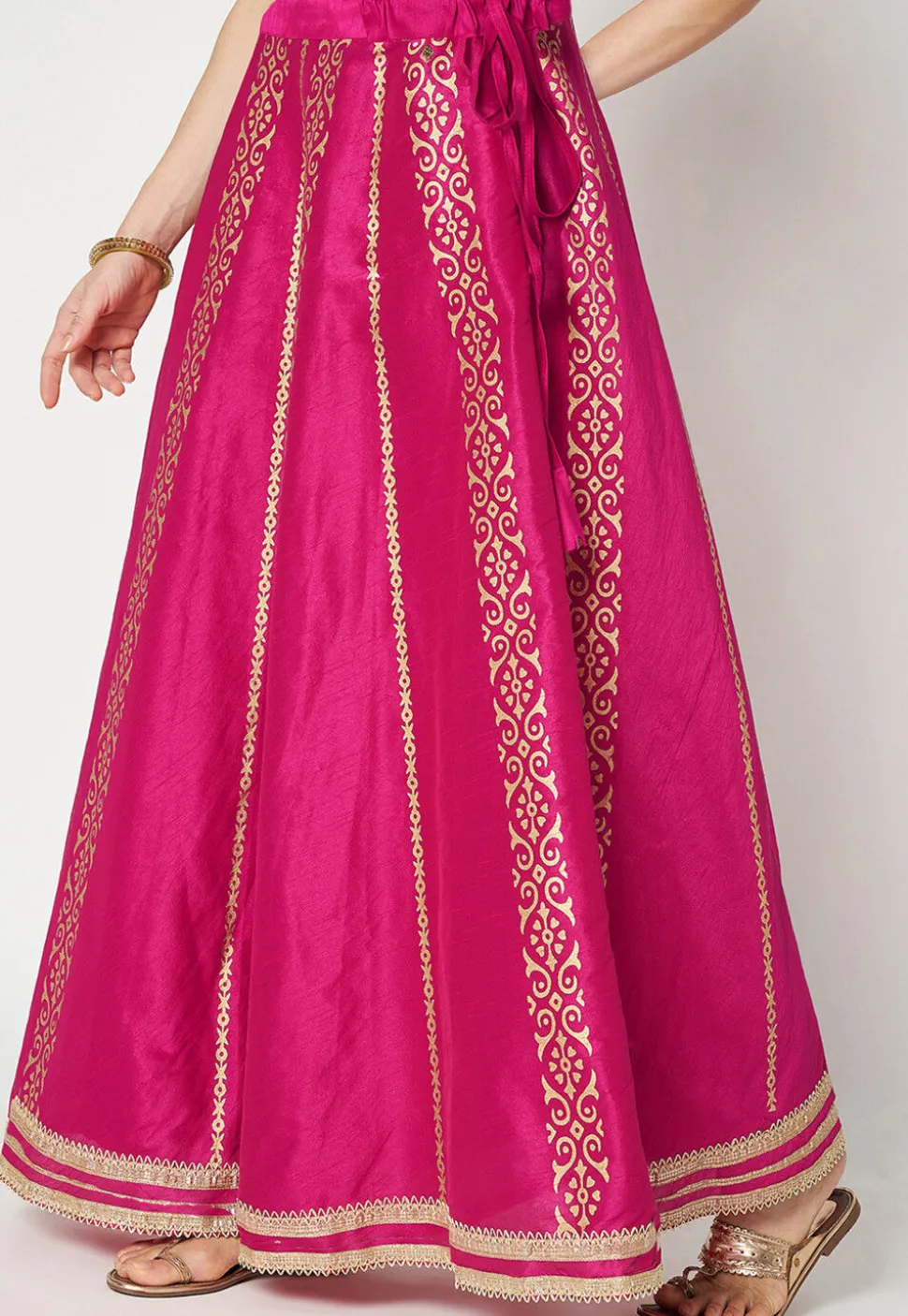 Golden Printed Art Dupion Silk Skirt in Fuchsia
