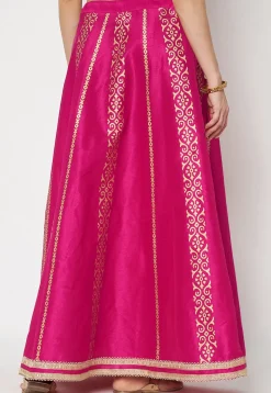 Golden Printed Art Dupion Silk Skirt in Fuchsia