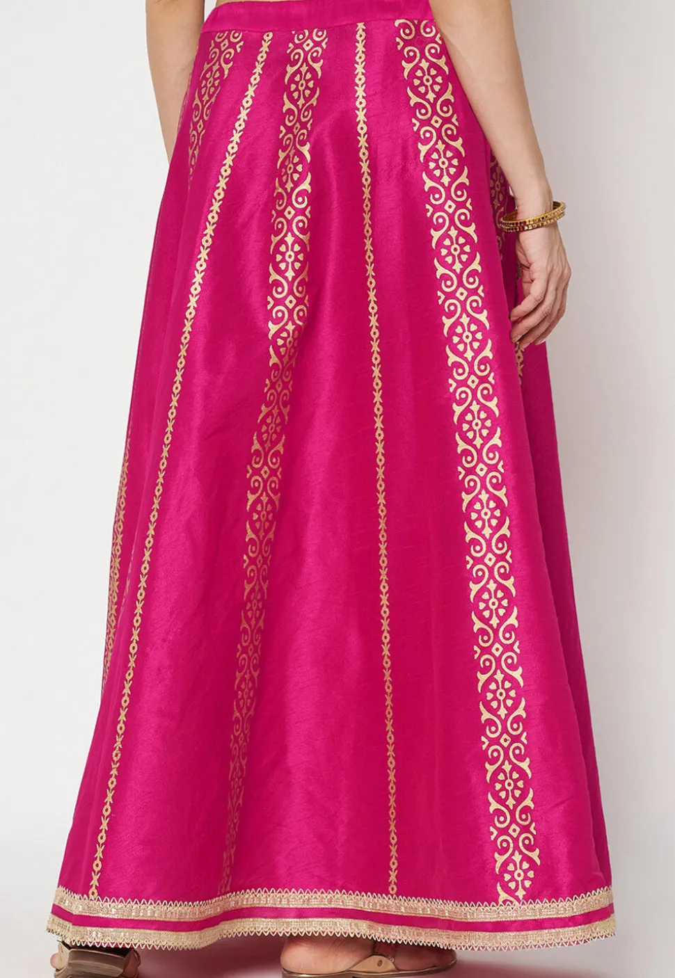 Golden Printed Art Dupion Silk Skirt in Fuchsia