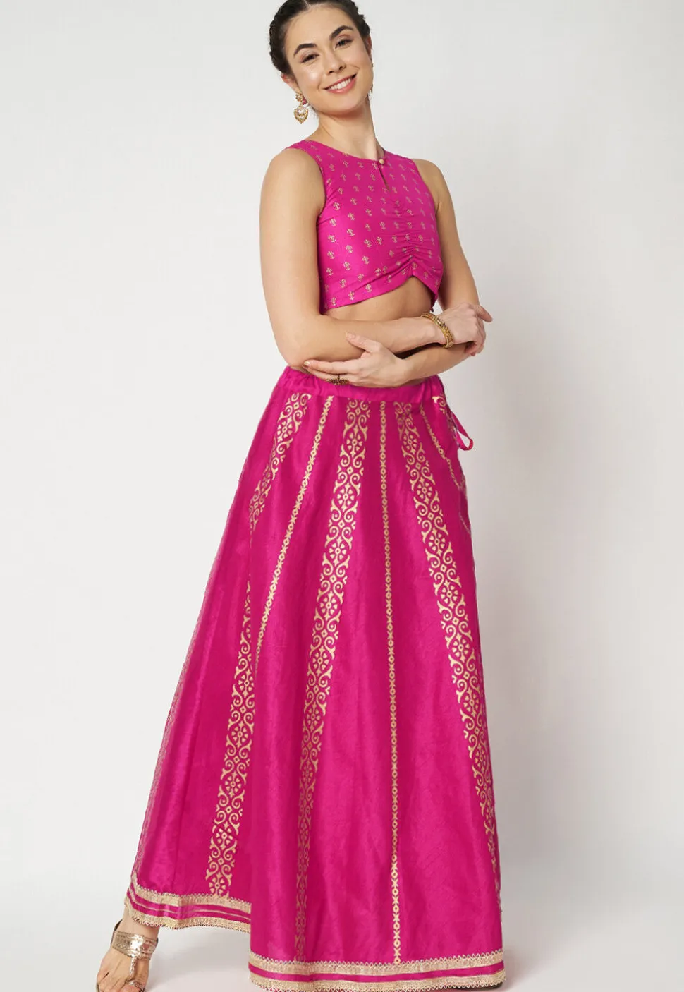 Golden Printed Art Dupion Silk Skirt in Fuchsia