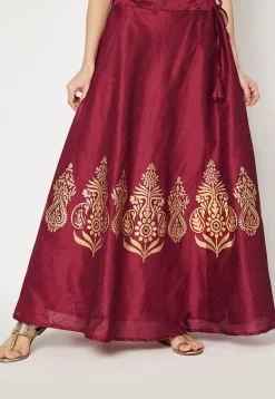 Golden Printed Art Dupion Silk Skirt in Maroon