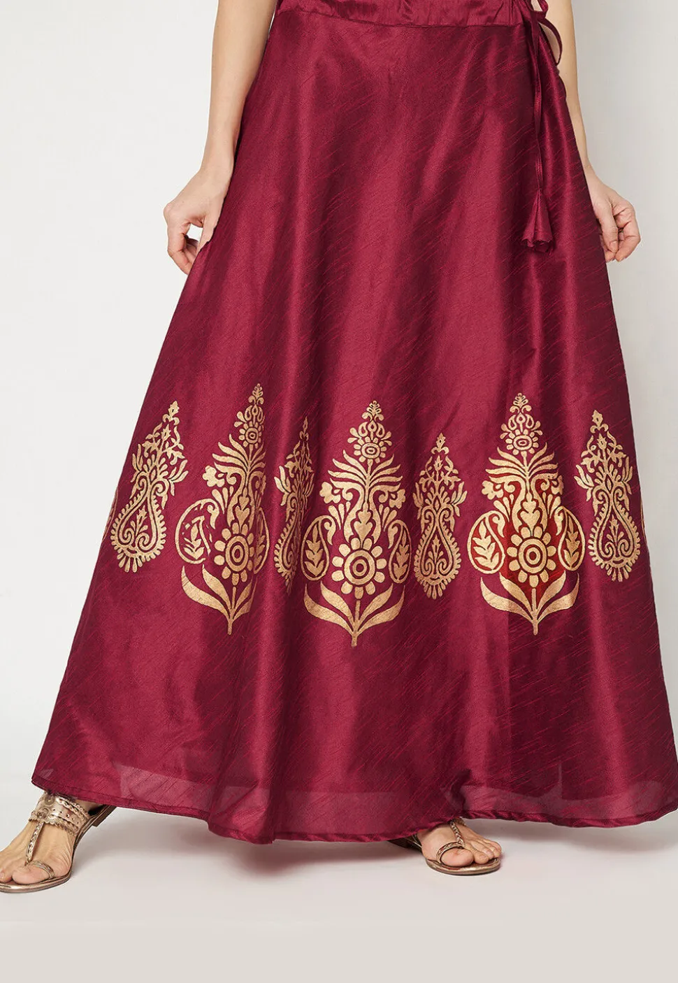 Golden Printed Art Dupion Silk Skirt in Maroon