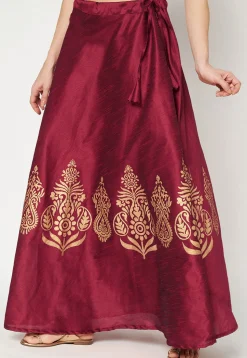 Golden Printed Art Dupion Silk Skirt in Maroon