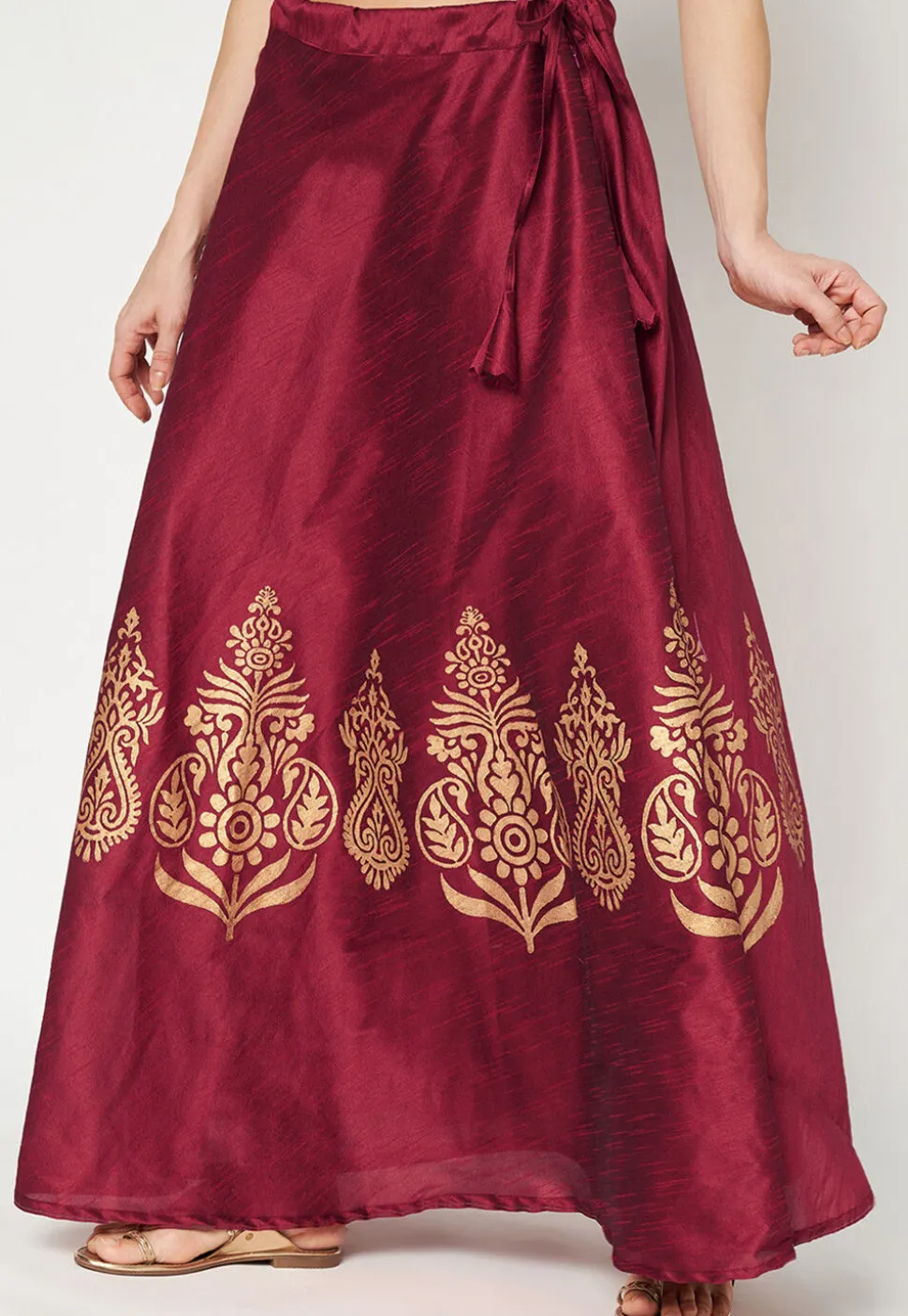 Golden Printed Art Dupion Silk Skirt in Maroon