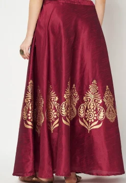 Golden Printed Art Dupion Silk Skirt in Maroon