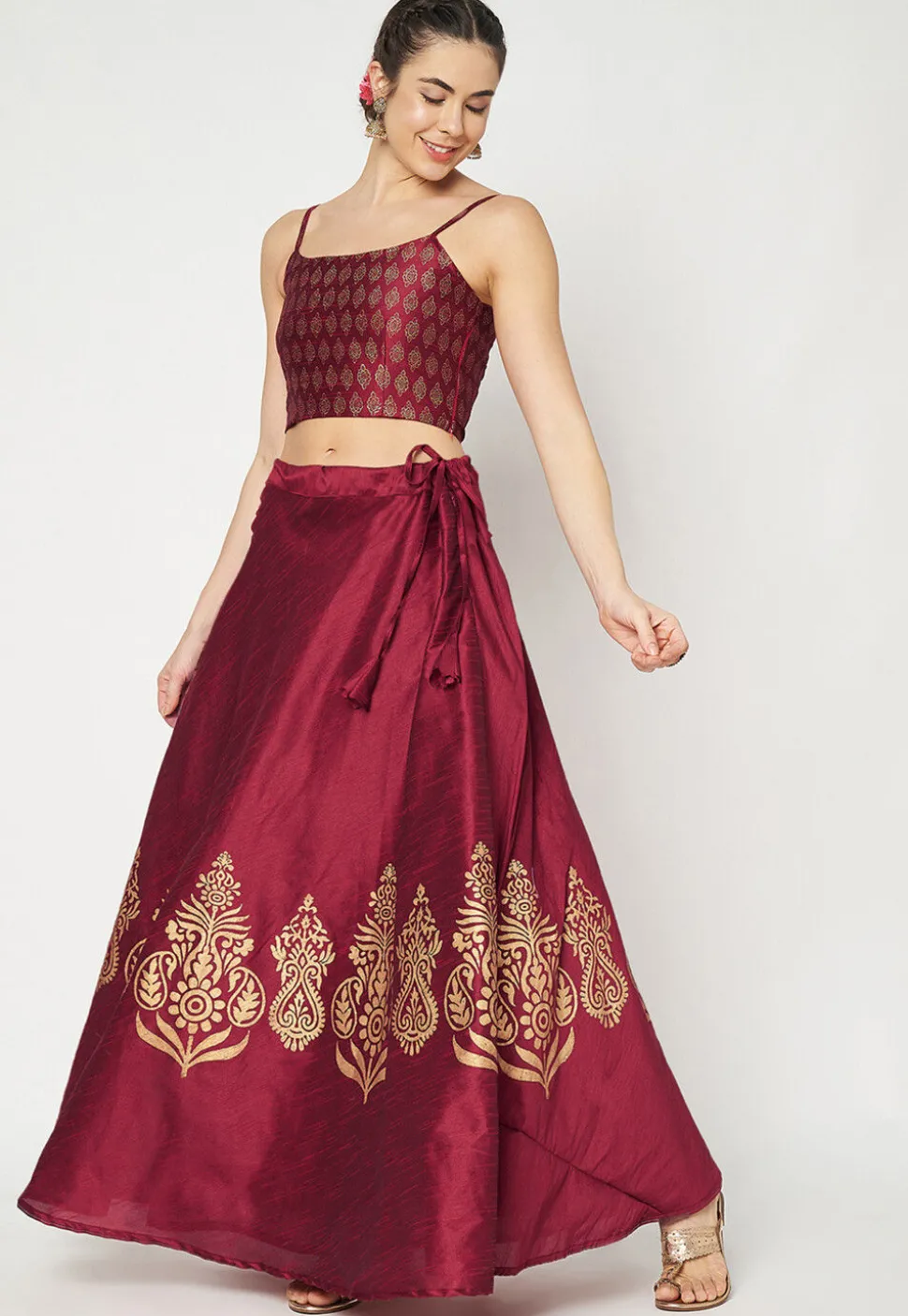 Golden Printed Art Dupion Silk Skirt in Maroon
