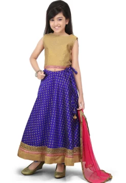 Golden Printed Art Dupion Silk Lehenga in Royal Blue