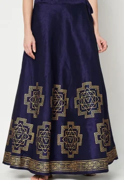Golden Printed Art Dupion Silk Skirt in Navy Blue