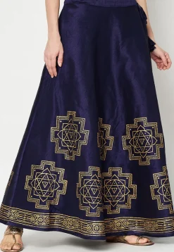 Golden Printed Art Dupion Silk Skirt in Navy Blue
