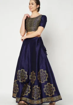 Golden Printed Art Dupion Silk Skirt in Navy Blue