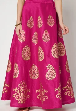 Golden Printed Art Dupion Silk Skirt in Fuchsia