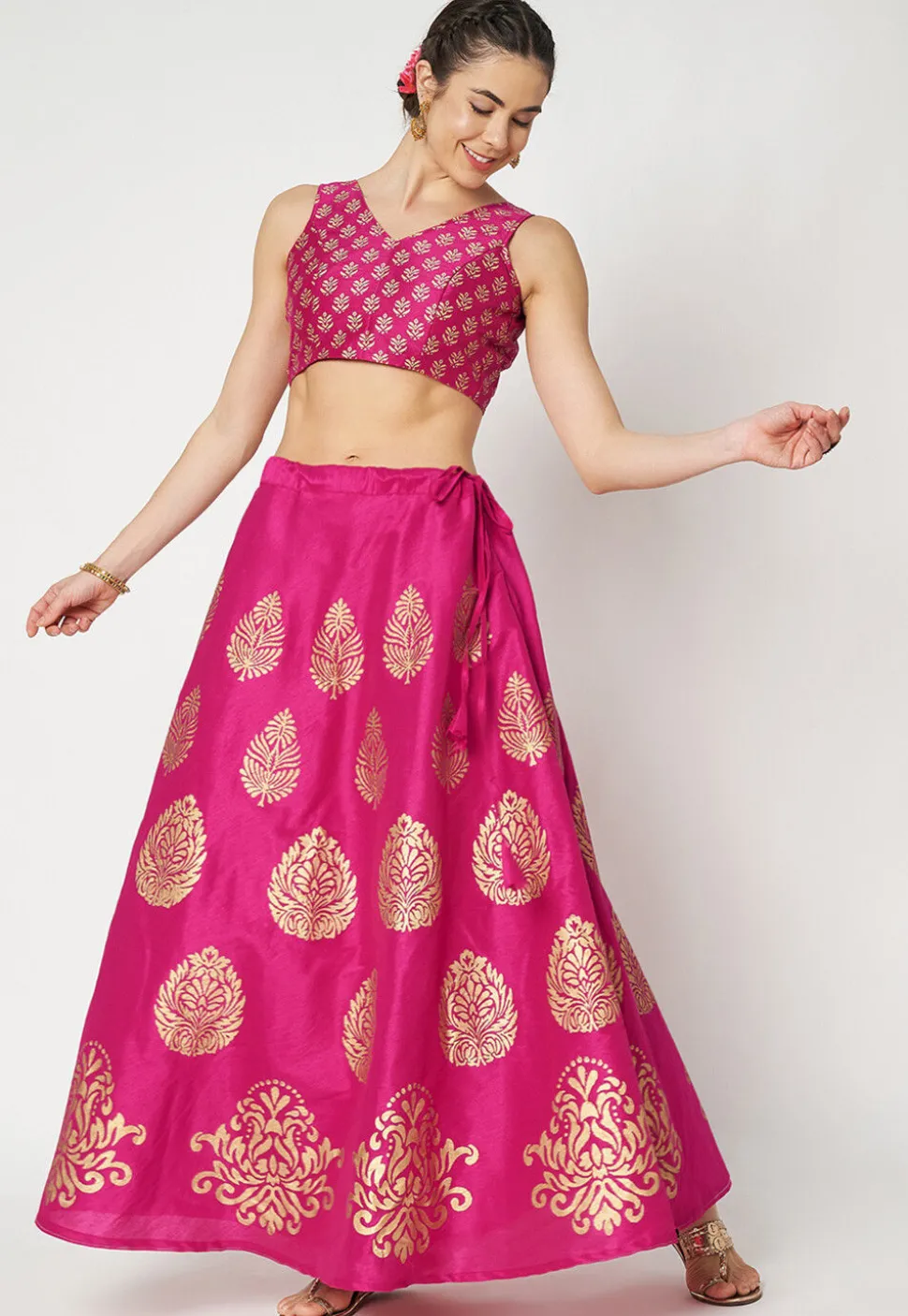 Golden Printed Art Dupion Silk Skirt in Fuchsia