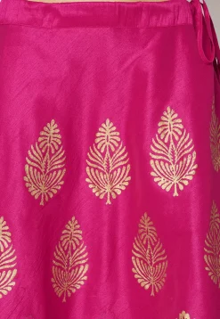 Golden Printed Art Dupion Silk Skirt in Fuchsia
