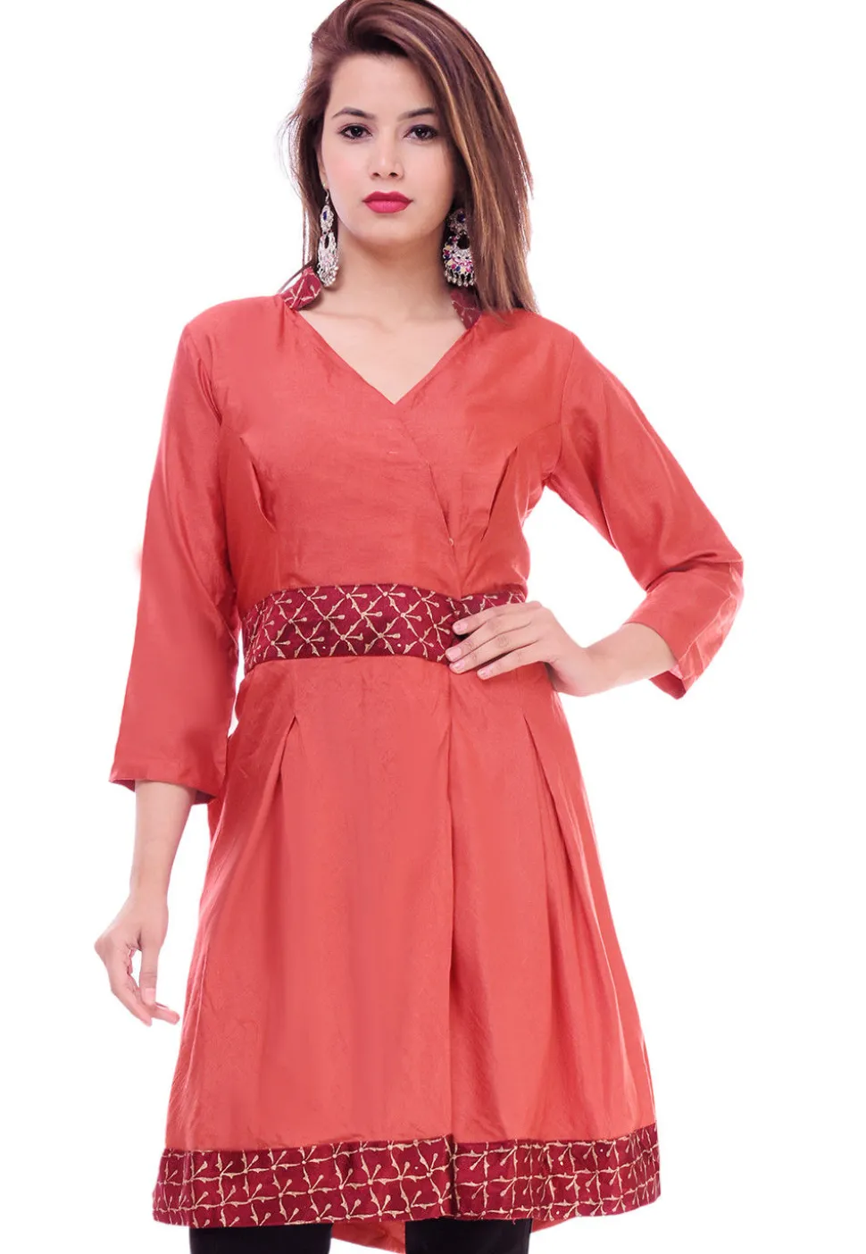 Golden Printed Art Silk Angrakha Style Tunic in Rust