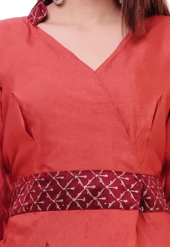 Golden Printed Art Silk Angrakha Style Tunic in Rust