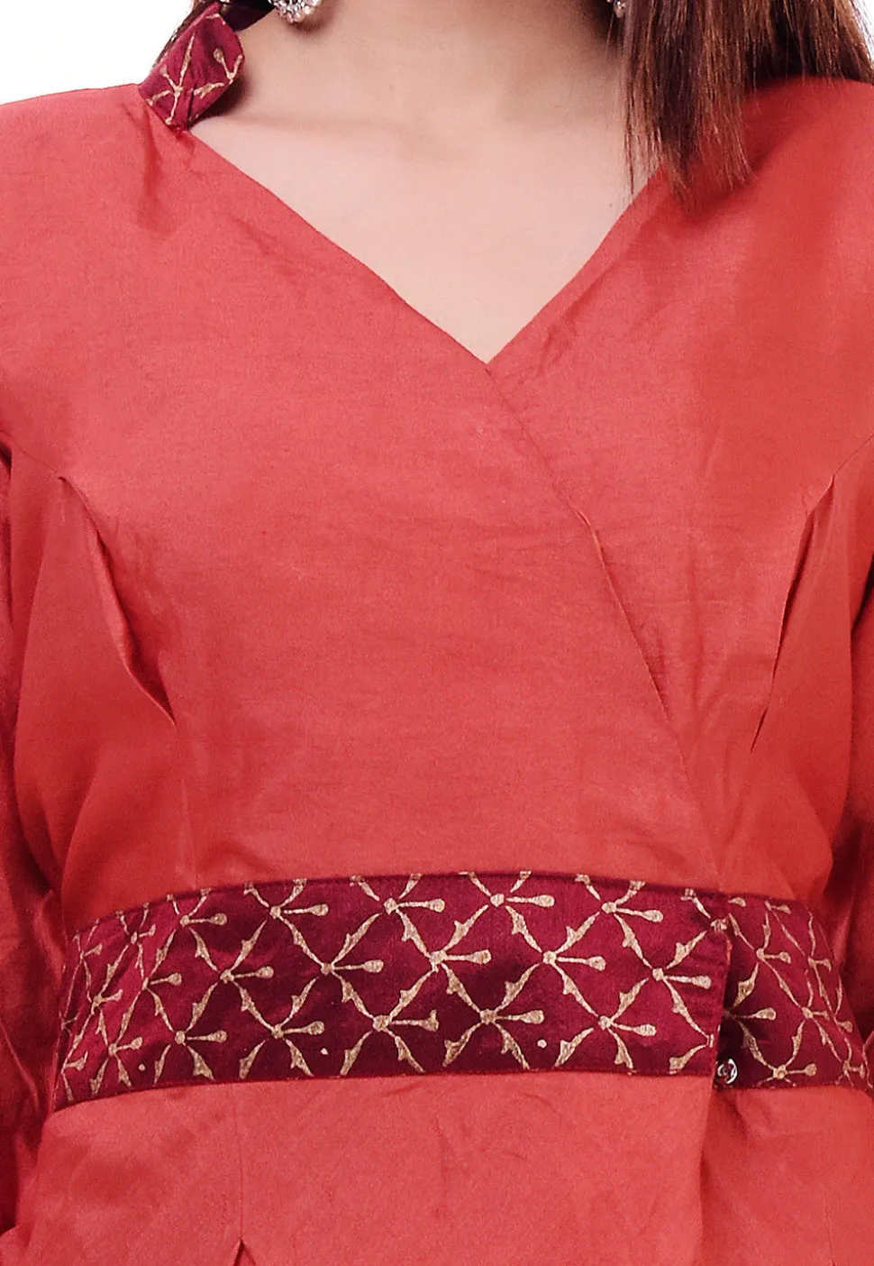 Golden Printed Art Silk Angrakha Style Tunic in Rust