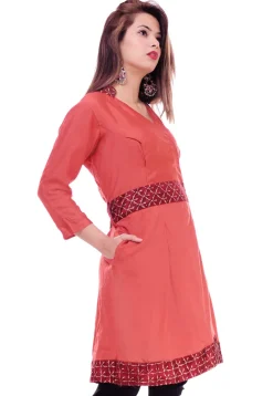 Golden Printed Art Silk Angrakha Style Tunic in Rust