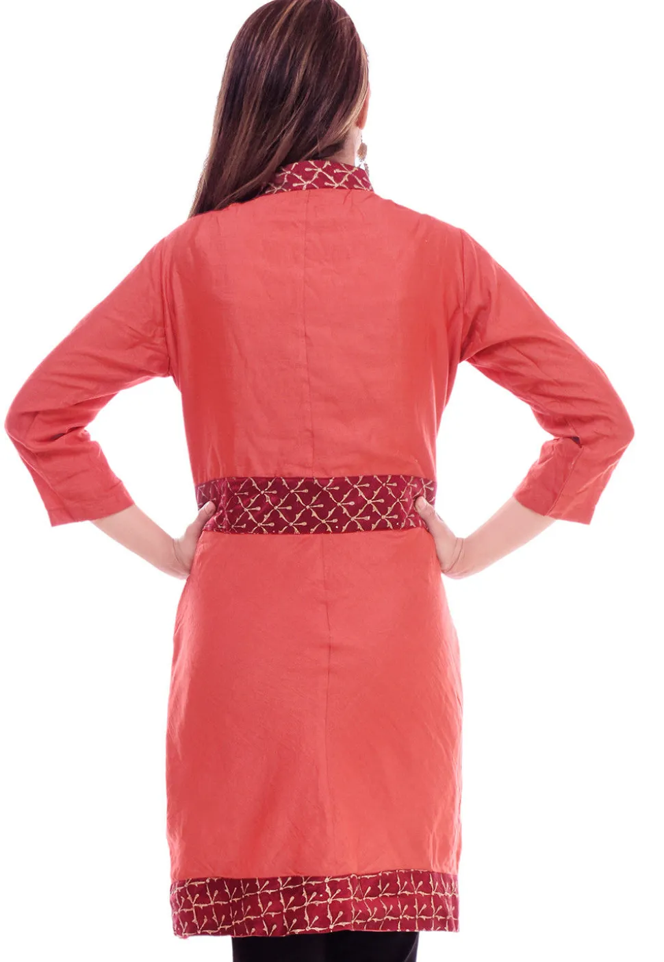 Golden Printed Art Silk Angrakha Style Tunic in Rust