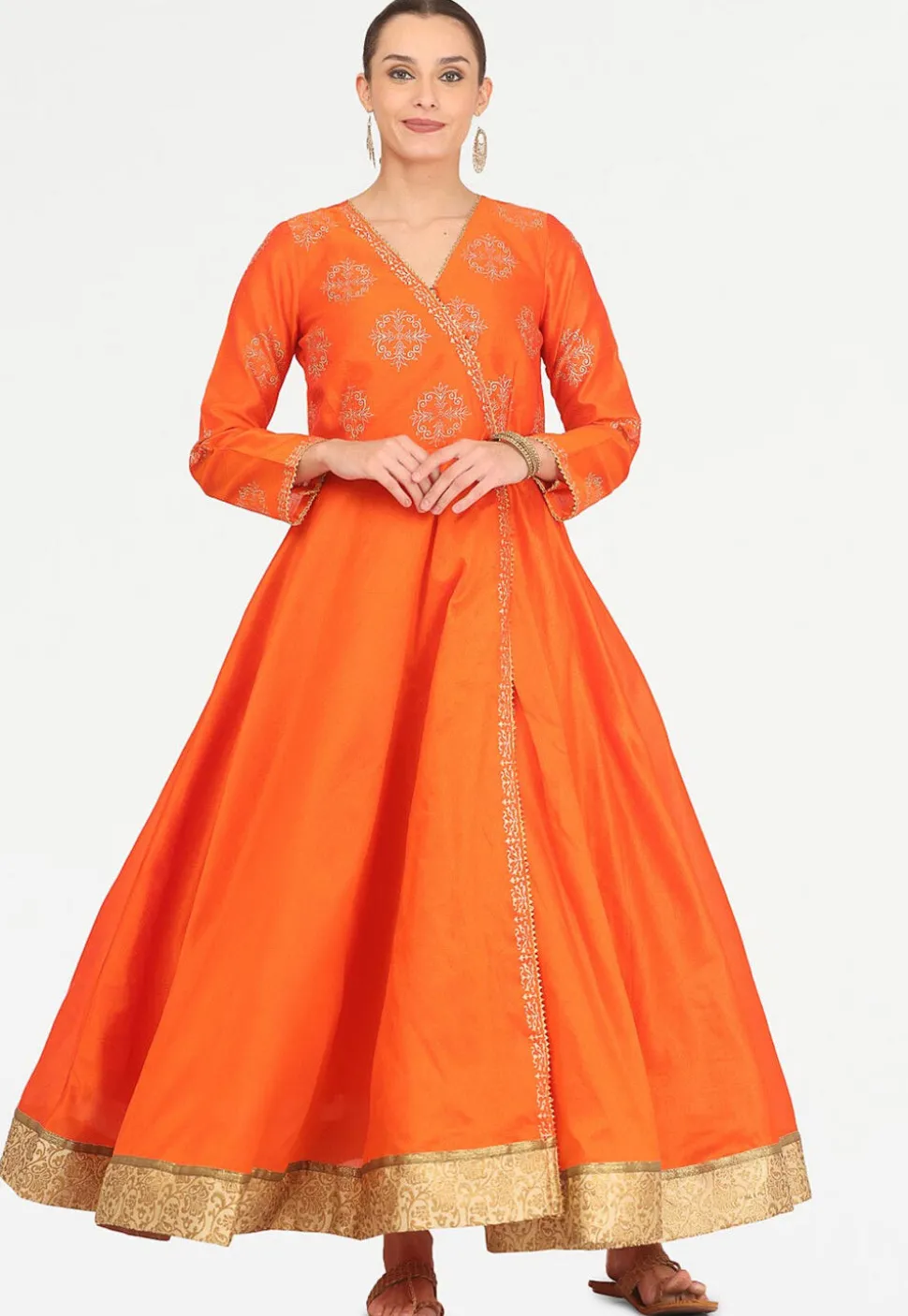 Golden Printed Art Silk Angrakha Style Kurta in Orange